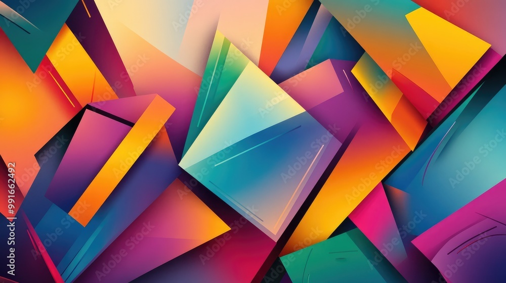 Poster a fluid, colorful abstract background with layered geometric shapes such as triangles and rectangles