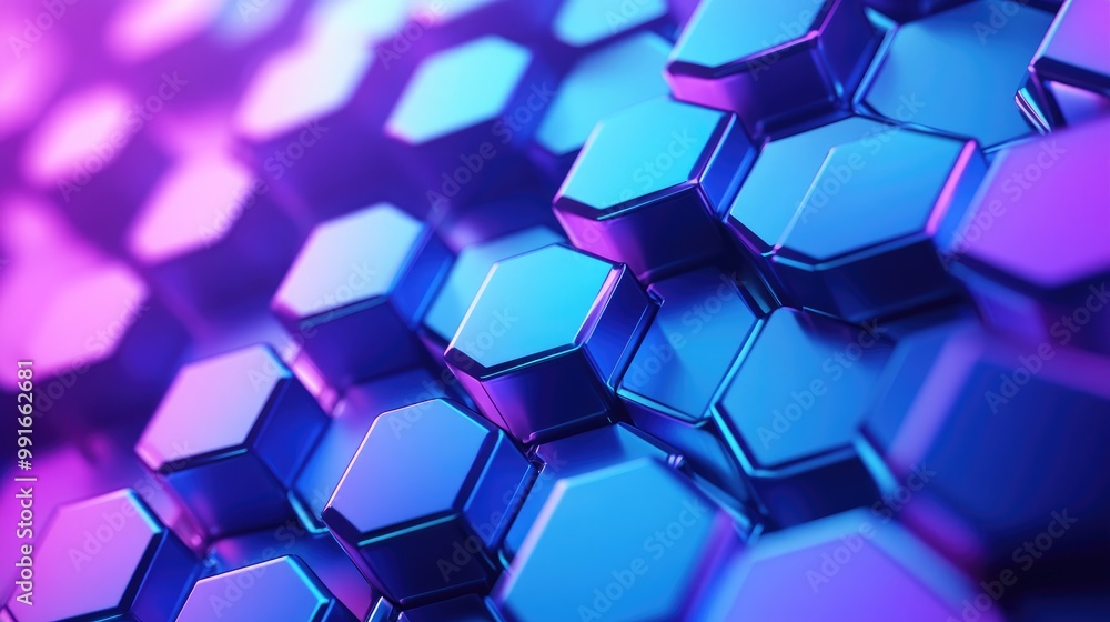 Poster a futuristic abstract background with blue and purple hexagons arranged in a sharp, geometric patter