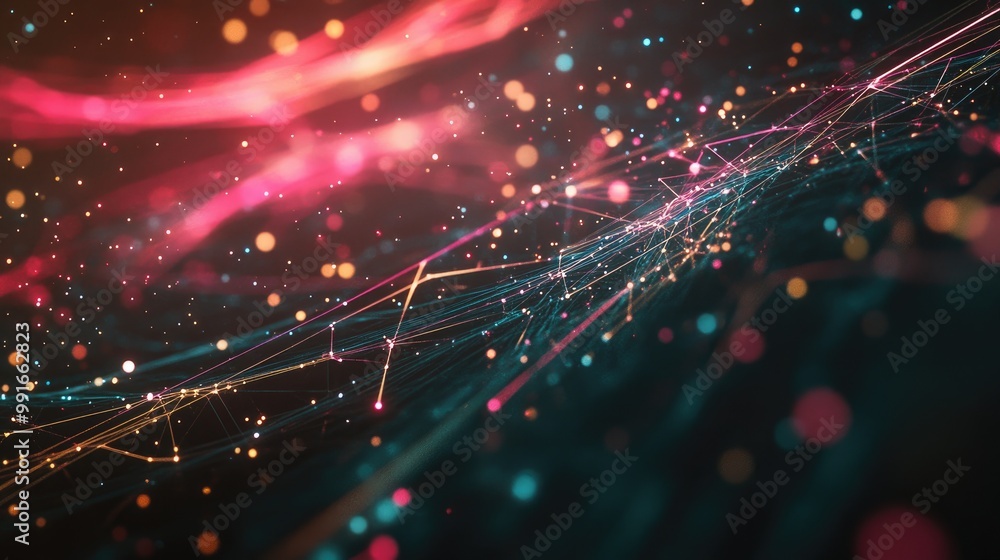 Poster a futuristic, rotating pattern of interconnected lines and nodes, creating an abstract, high-tech ba