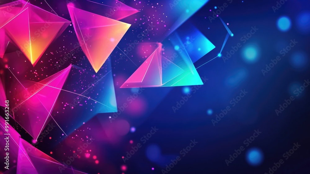 Poster a high-energy abstract banner with geometric shapes like polygons and triangles in neon colors, crea