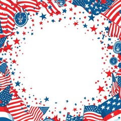 Obraz premium Vibrant American flag and star decoration frame for patriotic celebrations, showcasing red, white, and blue elements, greeting card with copy space in the middle