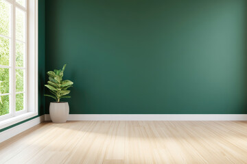 Contemporary green interior with a large window, sunlight illuminating warm wooden floors, a stylish potted plant adding a touch of nature to the modern space.