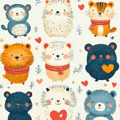 A collection of cartoon animals with hearts on their faces, including a bear