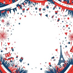 Fototapeta premium Vibrant festive frame featuring colors of red, white, and blue with decorative elements for celebrations and special events, greeting card with copy space in the middle