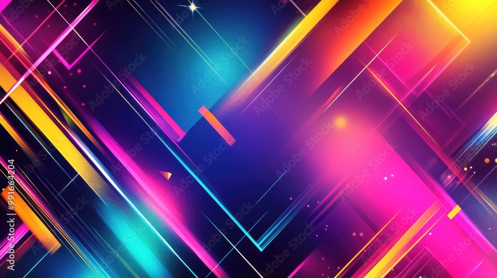 Poster a modern abstract banner with geometric shapes and sharp lines in bright neon hues, forming a futuri