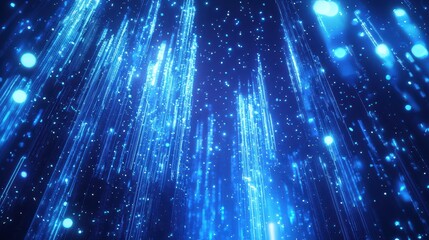 Obraz premium Holographic background with cascading blue beams of light streaming through a tech-inspired grid in a digital realm.