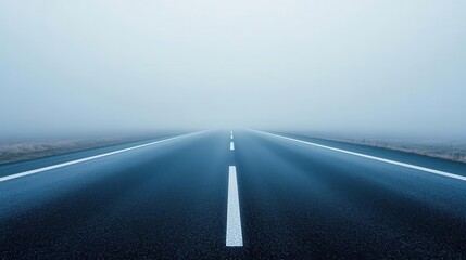 Fototapeta premium Minimalist highway with soft fog rolling in, obscuring everything but a faint white line, foggy road, mystery