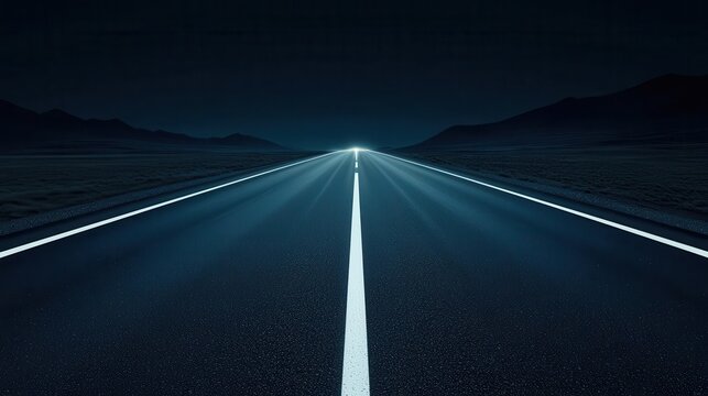 Dark road with only reflective road studs visible, stretching into the darkness, reflective studs, infinite road