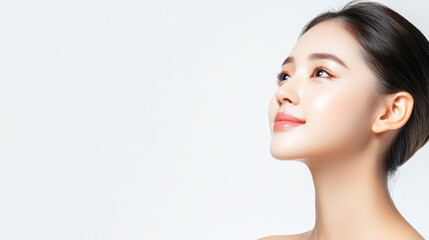 Fototapeta premium Profile of a woman with radiant skin, white isolated background