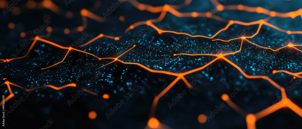 Poster neon network, a vivid abstract representation of interconnected nodes and pathways, illuminated by v