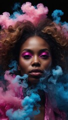 Woman with bold eye makeup and pink smoke against brown background