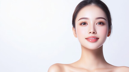 Fototapeta premium Smiling young woman with flawless skin on white background.