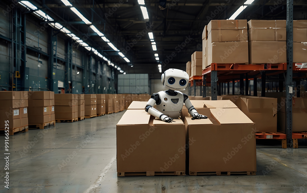 Poster warehouse automation with futuristic robots, boosting efficiency in logistics