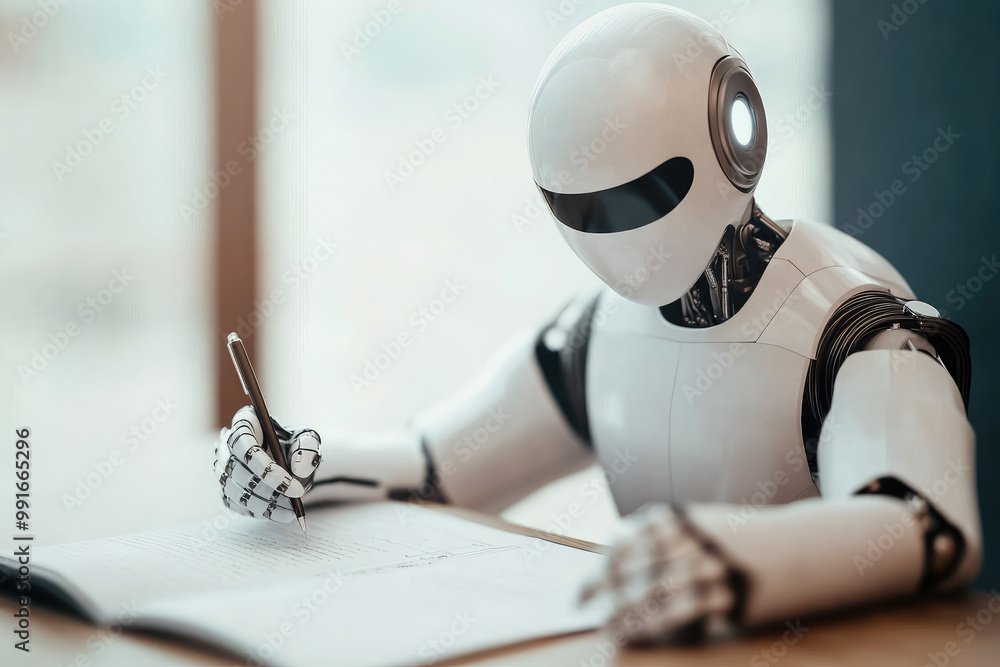 Poster robot engaged in writing, showcasing technological integration in daily tasks, blending artificial i