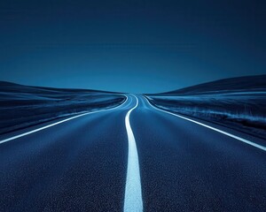 Empty road disappearing into the dark horizon, only a faint glimmer of light in the distance, endless road, infinite night