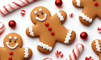 Festive Gingerbread Men and Candy Canes on White Background