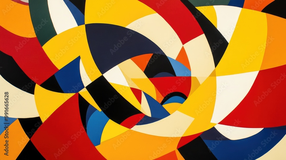 Poster a rotating abstract pattern of shifting, angular shapes in bold, contrasting colors, creating a geom