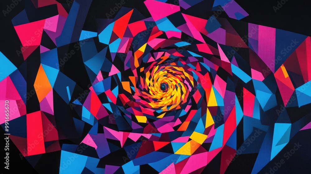 Poster a rotating abstract pattern of shifting, angular shapes in bold, contrasting colors, creating a geom