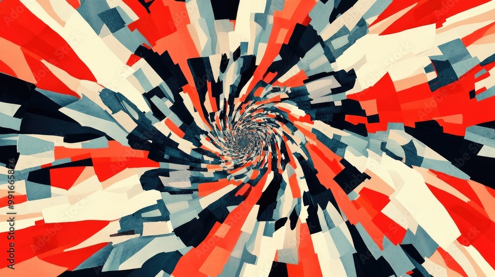 Poster a rotating, layered abstract pattern resembling a pinwheel, with sharp edges and contrasting colors 