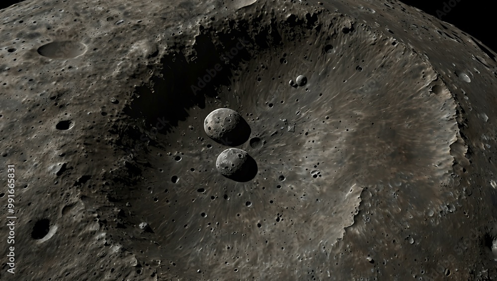 Poster exploring the lunar surface with close-up views of craters and terrain.