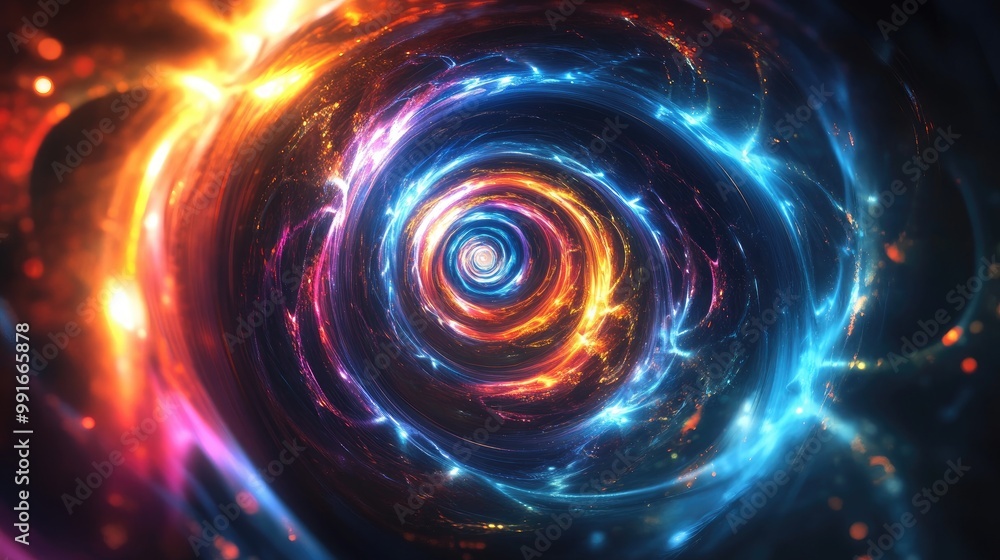 Poster a rotating spiral of glowing abstract shapes, radiating bright colors and light, creating a sense of