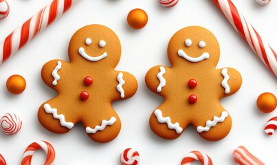 Festive Gingerbread Men and Candy Canes on White Background