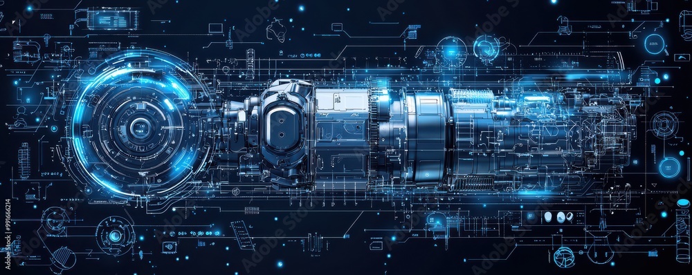 Poster technical blueprint background featuring futuristic machinery with glowing blue lines and intricate 