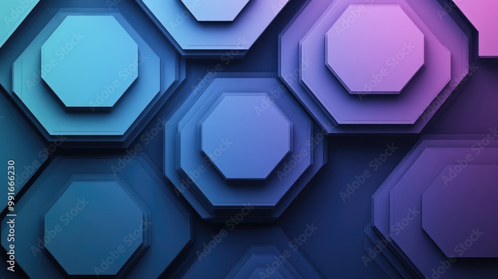 Poster a sleek, abstract vector pattern of 3 hexagons and line in gradient shades of blue and purple, creat