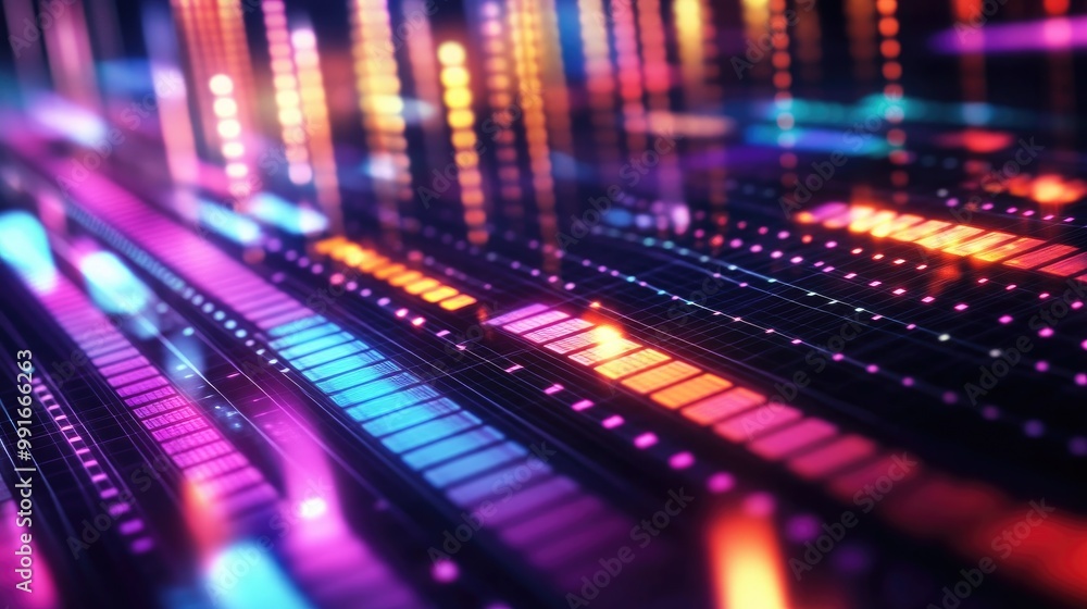 Poster a sleek background featuring a digital equalizer with sharp, illuminated bars in vibrant colors, sym