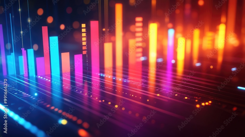 Poster a sleek background featuring a digital equalizer with sharp, illuminated bars in vibrant colors, sym