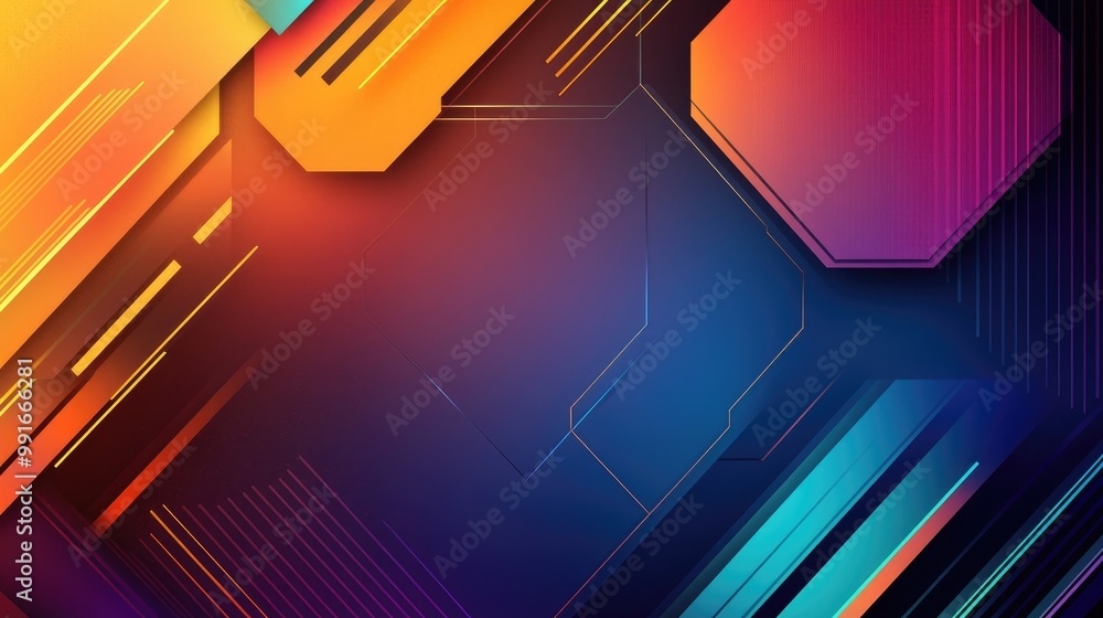 Poster a sleek, colorful abstract background with layered hexagons and sharp lines, combining bold colors a