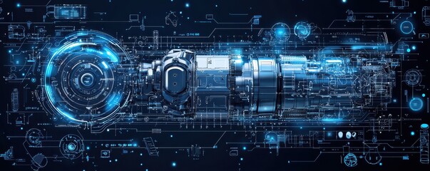 Obraz premium Technical blueprint background featuring futuristic machinery with glowing blue lines and intricate engineering details