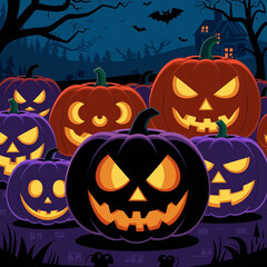 illustration of illuminated carved pumpkins with different evil faces in darkness at Halloween night