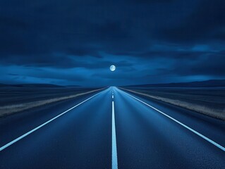 Fototapeta premium Empty road with a dark, cloudy sky above, and a barely visible moon, cloudy night, ethereal quiet