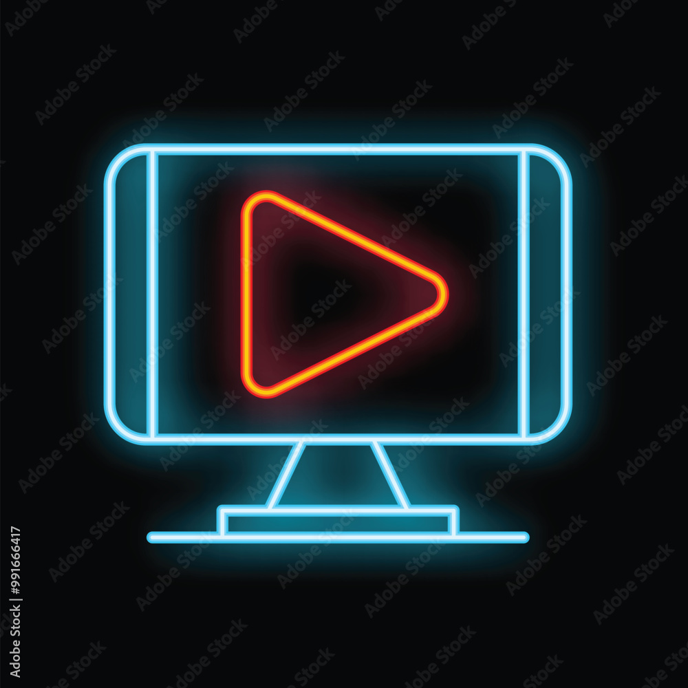 Poster neon icon representing a computer monitor displaying a play button, symbolizing online video streami