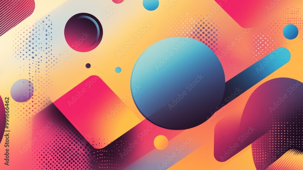 Poster a stylish abstract background with colorful geometric shapes floating across the design, creating a 