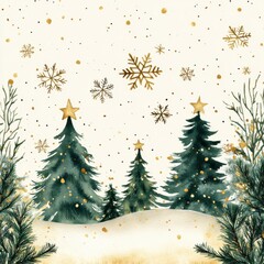 A painting of three Christmas trees with snow falling on them