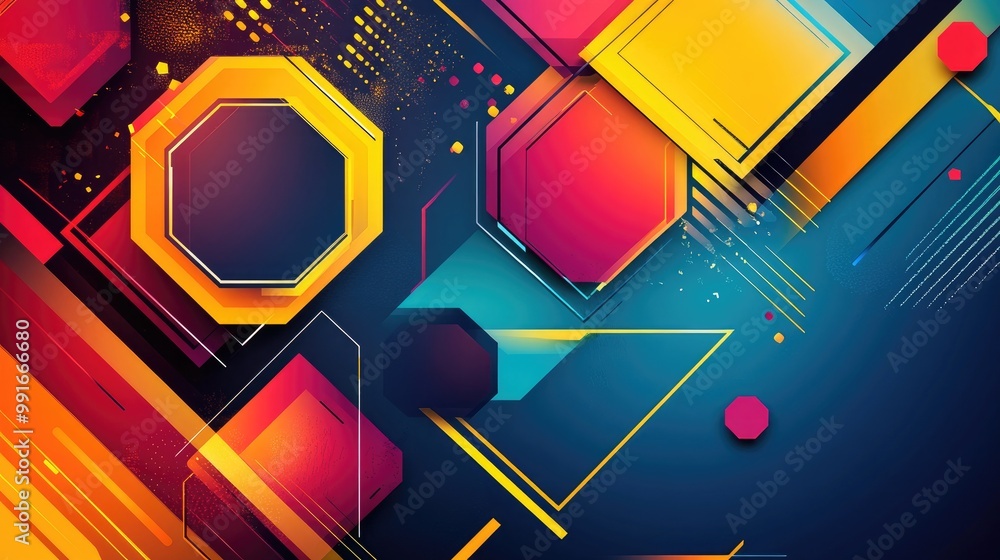 Poster a vibrant abstract background banner featuring bold hexagons, intersecting lines, and geometric shap