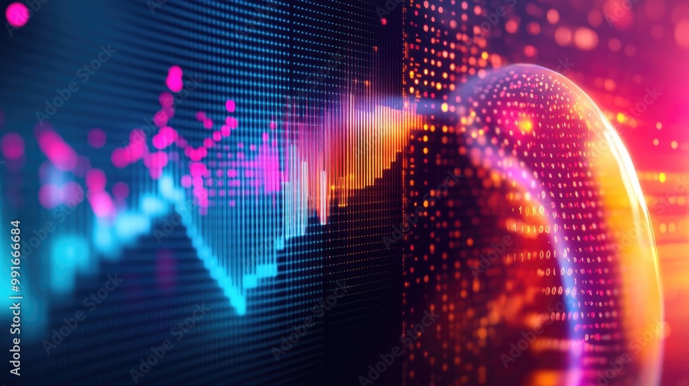 Poster a vibrant abstract background showcasing a digital equalizer with sharp peaks and valleys, seamlessl
