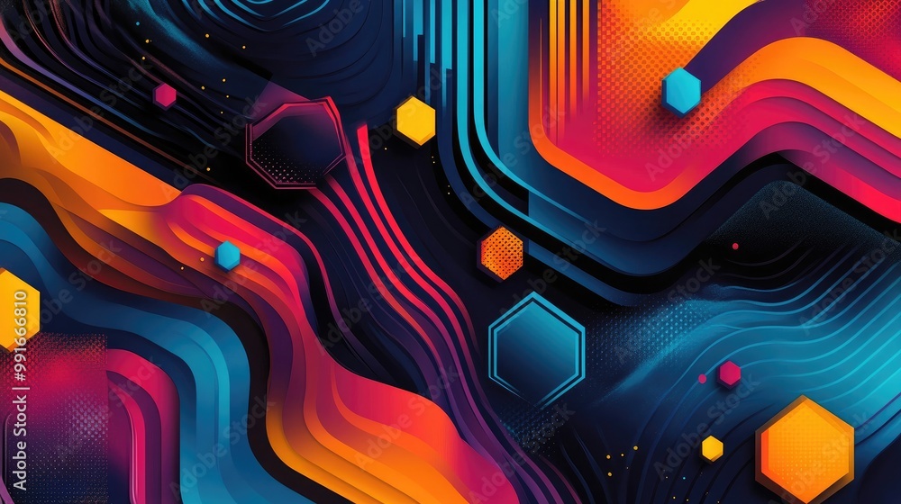 Aufkleber a vibrant abstract banner with colorful hexagons and flowing lines, forming a playful, futuristic ba