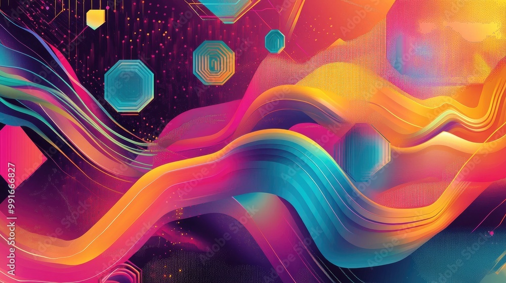 Aufkleber a vibrant abstract banner with colorful hexagons and flowing lines, forming a playful, futuristic ba