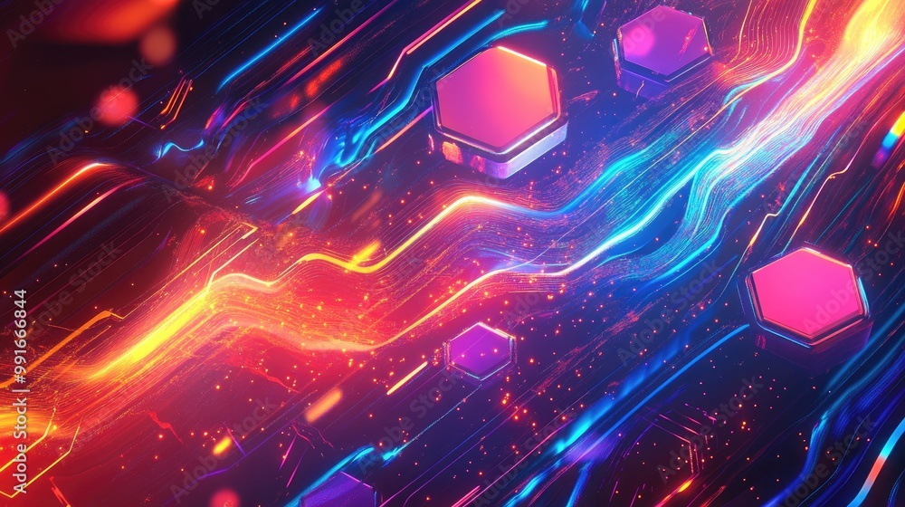Aufkleber a vibrant abstract banner with colorful hexagons and flowing lines, forming a playful, futuristic ba