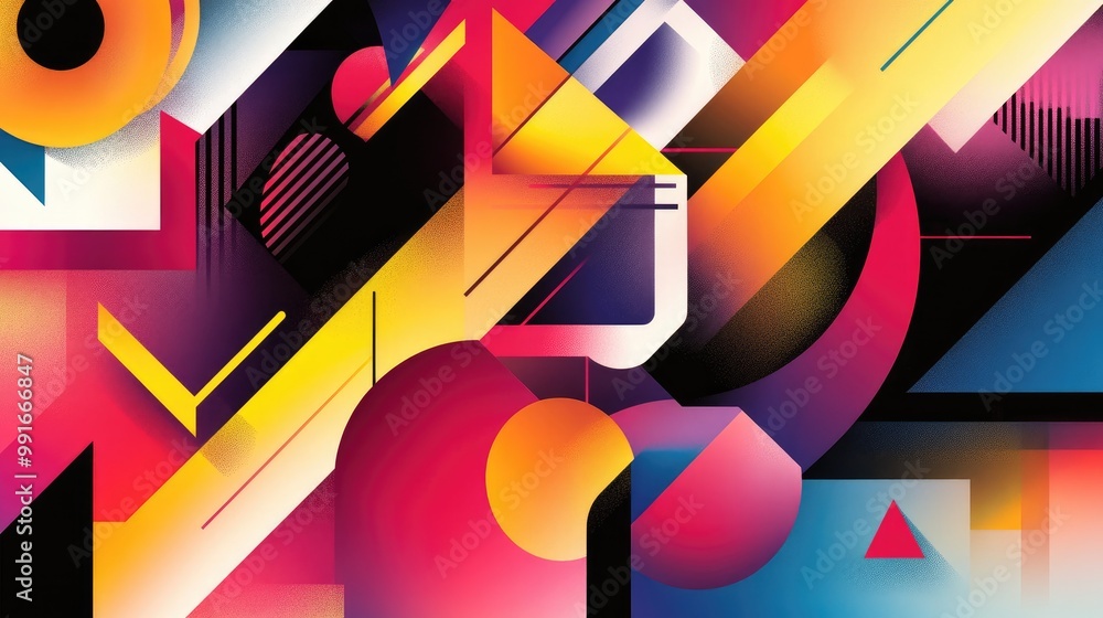 Poster a vibrant abstract banner featuring overlapping geometric shapes in bold colors, with sharp triangle