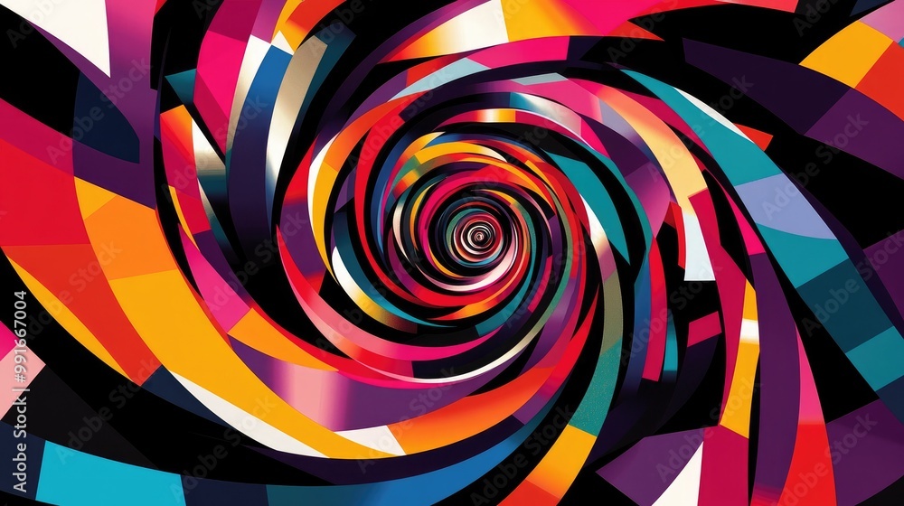 Poster a vibrant, dynamic pattern of rotating geometric shapes, creating a mesmerizing abstract swirl with 