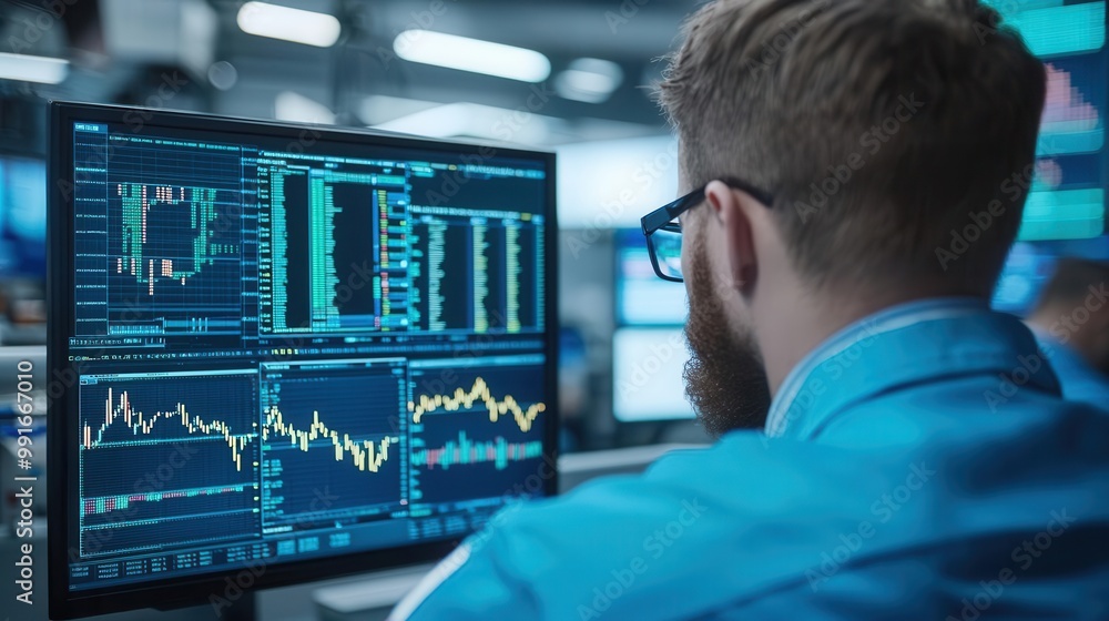 Poster analyst monitoring financial data on multiple screens in a modern office environment.