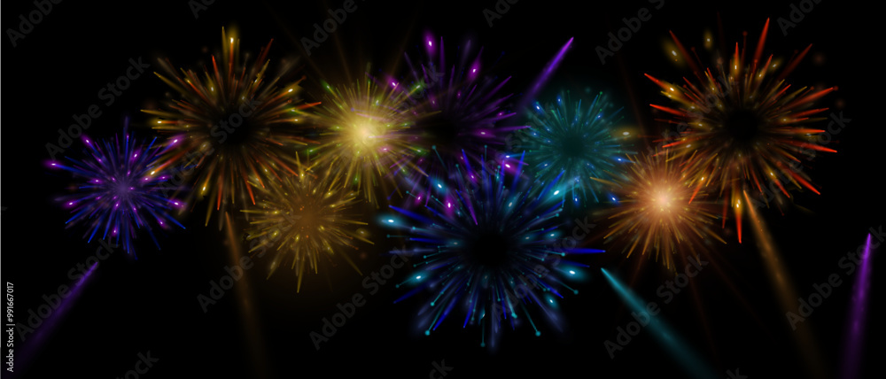 Poster explosions of bright colorful vector fireworks isolated on dark background for holiday design.