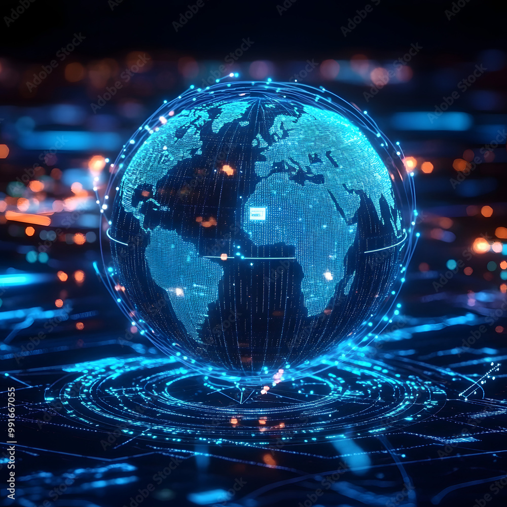 Poster blue hologram globe with world map with glowing data streams, ai global communication networks, virt