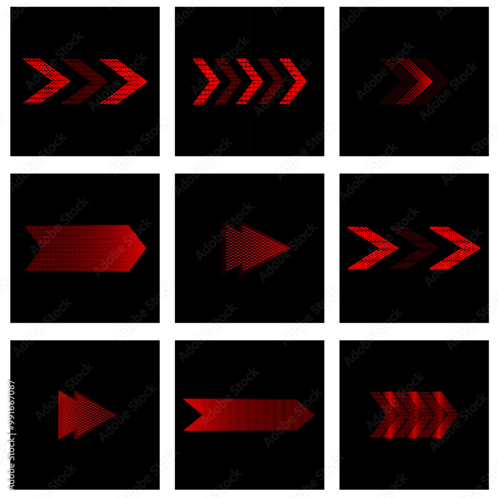 Poster set of abstract high speed bright red glow arrows, modern light speed arrow effect on black backgrou