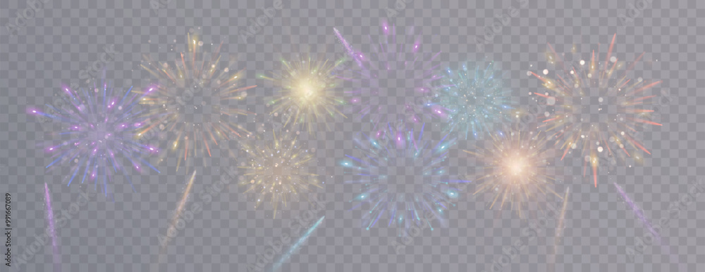Aufkleber set of bright colorful isolated vector fireworks on transparent background.