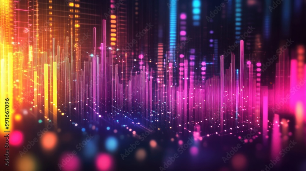 Poster a vibrant digital sound wave equalizer background featuring colorful bars that pulse in rhythm, crea